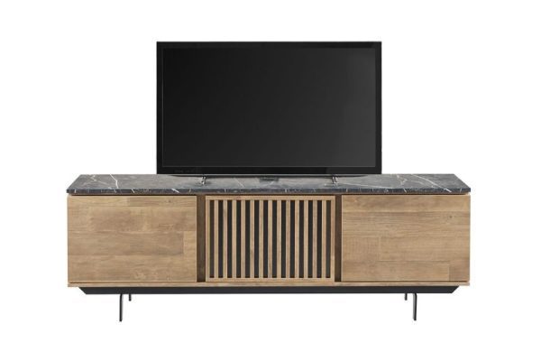 tv-meubel met 3 deuren incl. verlichting Materiaal: melamine kleur old teak met HPL bovenblad in zebra marmerstructuur
