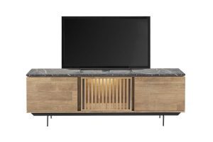 tv-meubel met 3 deuren incl. verlichting Materiaal: melamine kleur old teak met HPL bovenblad in zebra marmerstructuur