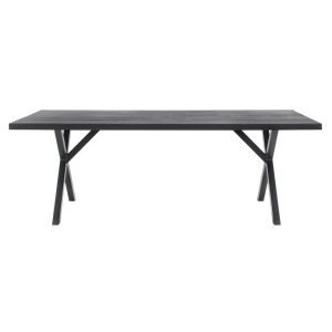 eetkamertafel uitgevoerd in eikenhout met rechthoekig blad met rechte bladrand en Kleur: 60.5 zwart matlak. Onderstel zwart metalen x-poot met steun